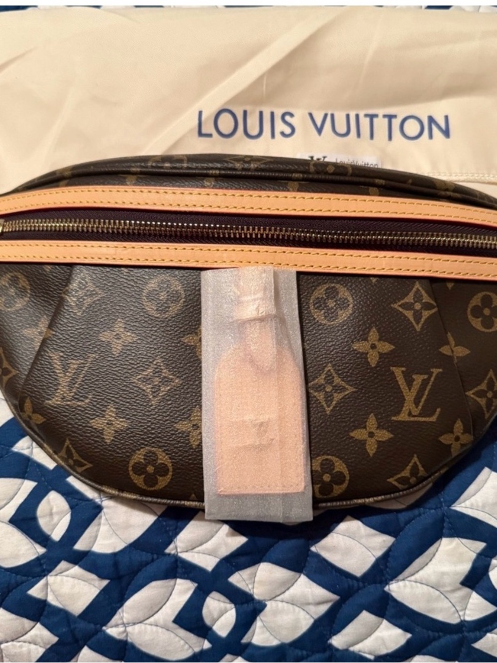 Louis Vuitton Cream Dust Bag with Blue Logo & cross body bum bag.